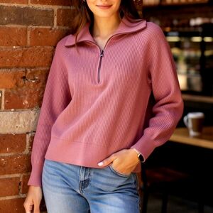 OPEN EDIT Cotton blend ribbed half-zip coral sweater.